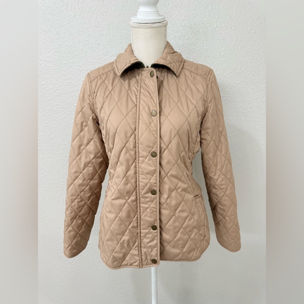 L.L. Bean Women’s Quilted Riding Jacket Tan Snap Up Insulated Plaid Lined XSP